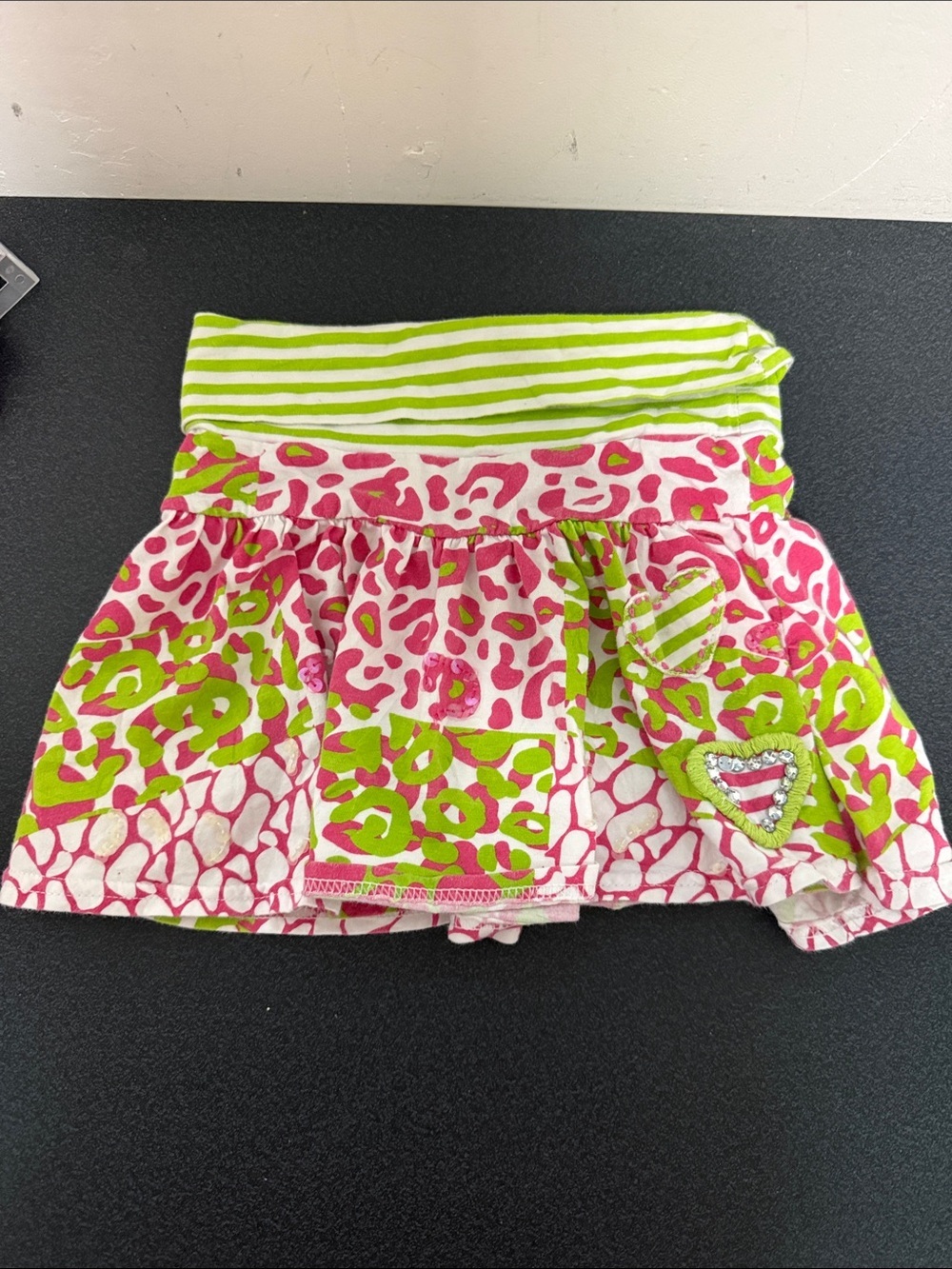 Bright Pink and Lime Leopard Print Skirt with Striped Waistband Y2K